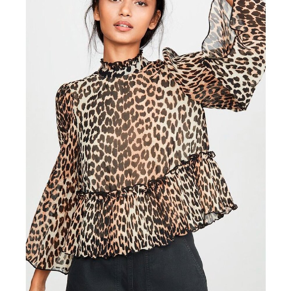 GANNI Pleated Georgette Leopard Print Blouse